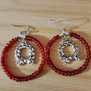 Hand Crafted Pierced Earrings Hoop Christmas Wreath Red Silver